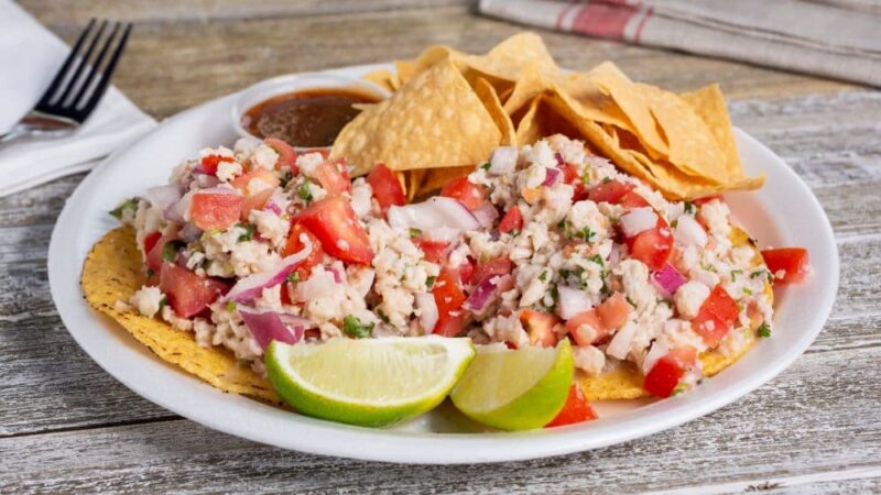 Ceviche toast, a dish from Latin American lands ceviche toast with shrimp